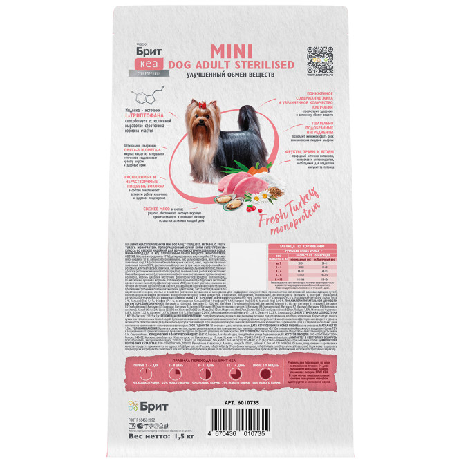 Брит Кеа Мини Dog Adult Sterilised Metabolic Monoprotein сухой корм для взрослых стерилизованных собак мини пород с индейкой - 1,5 кг