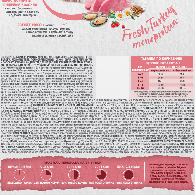 Брит Кеа Мини Dog Adult Sterilised Metabolic Monoprotein сухой корм для взрослых стерилизованных собак мини пород с индейкой - 1,5 кг
