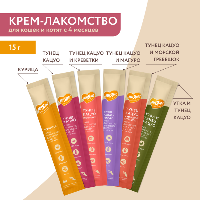 Крем-лакомство Мнямс для кошек с тунцом Кацуо и Магуро - 15 г