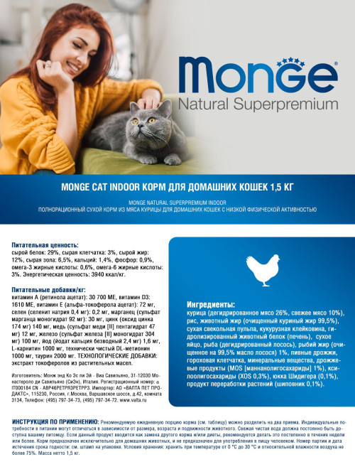 Monge Cat Indoor сухой корм для взрослых кошек постоянно живущих в помещении 1,5 кг