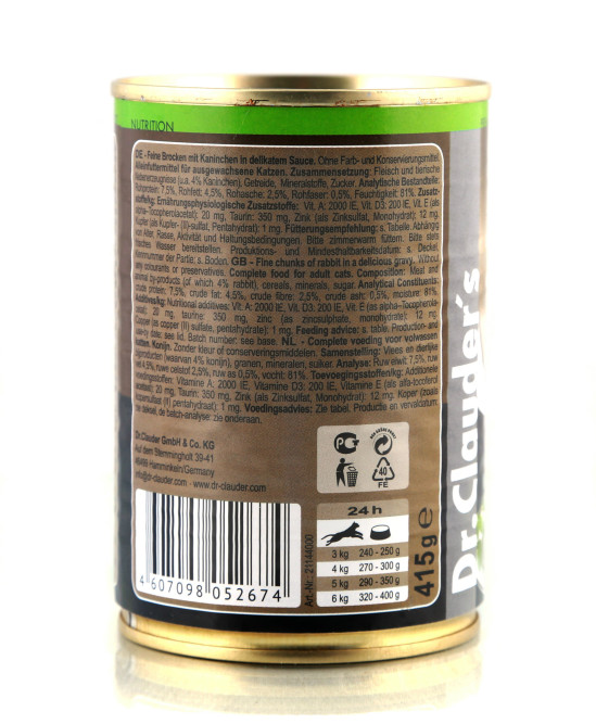 Dr.Clauder`s влажный корм для взрослых кошек с кроликом, в консервах - 415 г х 12 шт
