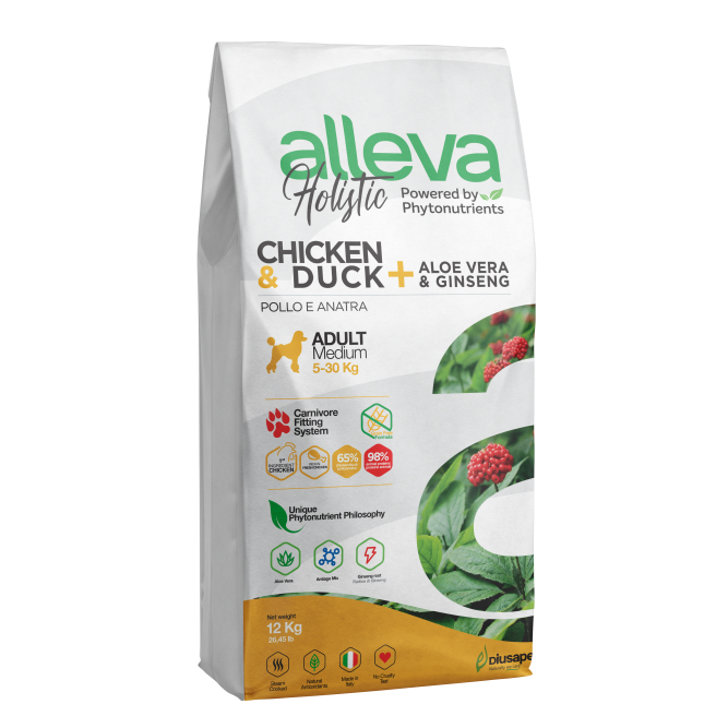 Alleva Holistic Adult Chicken &amp; Duck Medium сухой корм для взрослых собак с курицей и уткой, алое вера и женьшенем - 12 кг