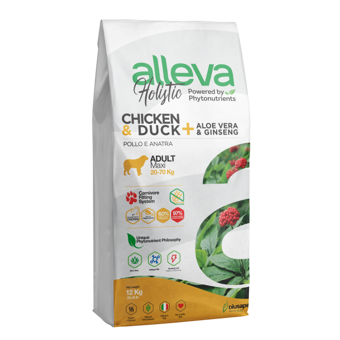 Alleva Holistic Adult Chicken &amp; Duck Maxi сухой корм для взрослых собак с курицей и уткой, алое вера и женьшенем - 12 кг