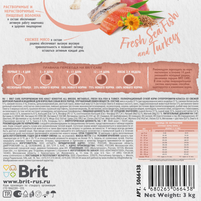 Брит Кеа Dog Adult Sensitive Metabolic сухой корм для взрослых собак, с морской рыбой и индейкой - 3 кг