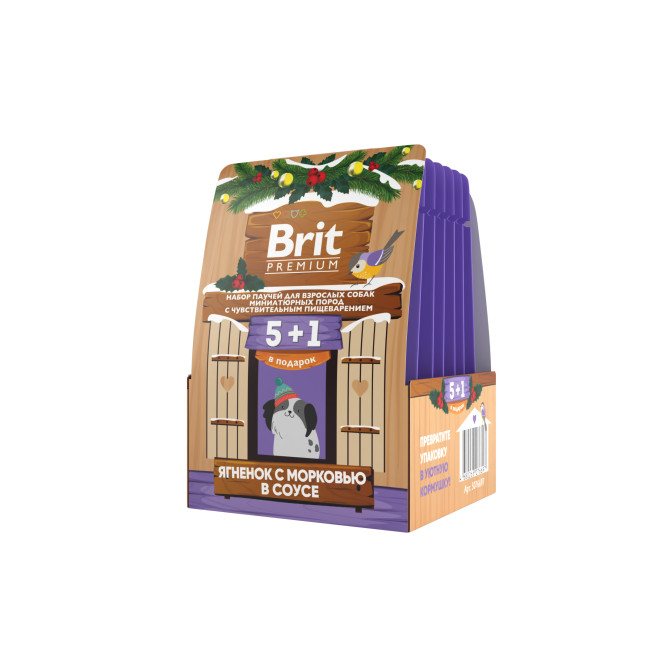 Брит Премиум кормушка набор паучей для взрослых собак мелких пород с ягненком и морковью, кусочки в соусе - 85 г х 5+1 шт