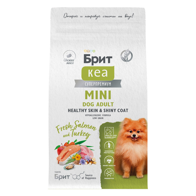 Брит Кеа Мини Dog Adult Healthy Skin&amp;Shiny Coat сухой корм для взрослых собак мини пород  для кожи и шерсти с лососем и индейкой - 1,5 кг