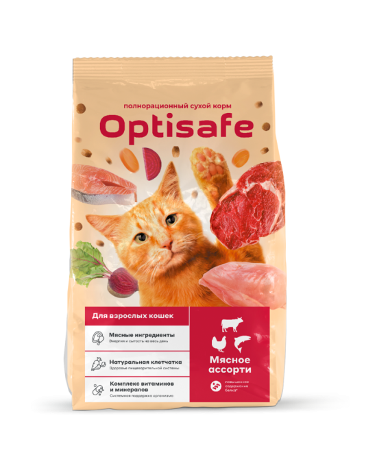 Optisafe сухой корм для взрослых кошек с мясным ассорти - 10 кг