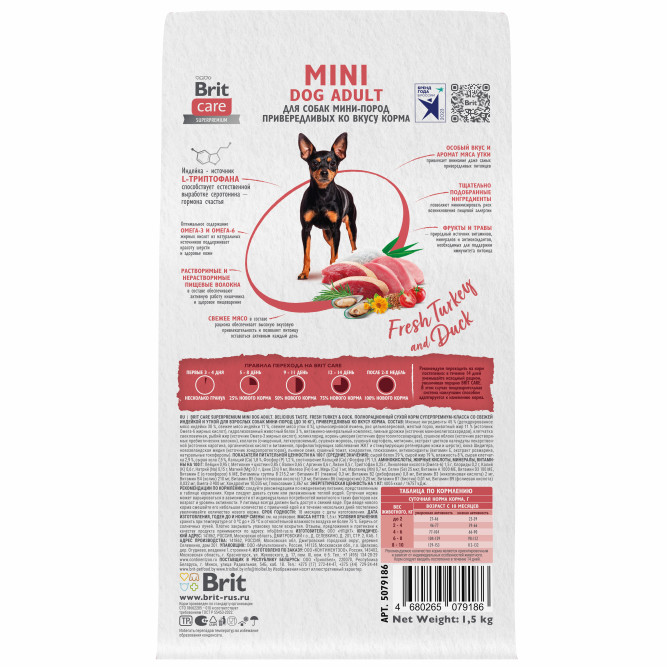 Брит Кеа Мини Adult Delicious Taste сухой корм для взрослых собак мелких пород, с индейкой и уткой - 1,5 кг