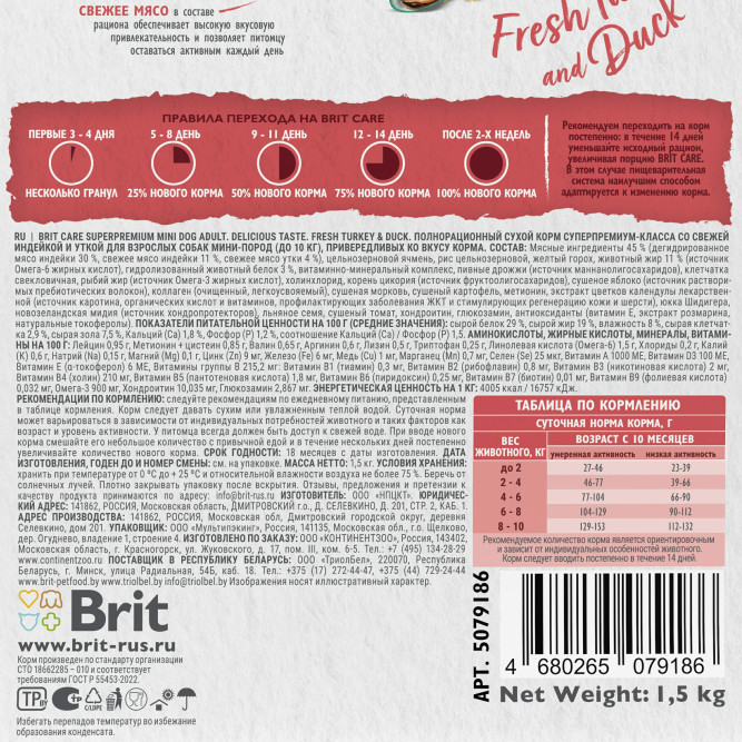 Брит Кеа Мини Adult Delicious Taste сухой корм для взрослых собак мелких пород, с индейкой и уткой - 1,5 кг