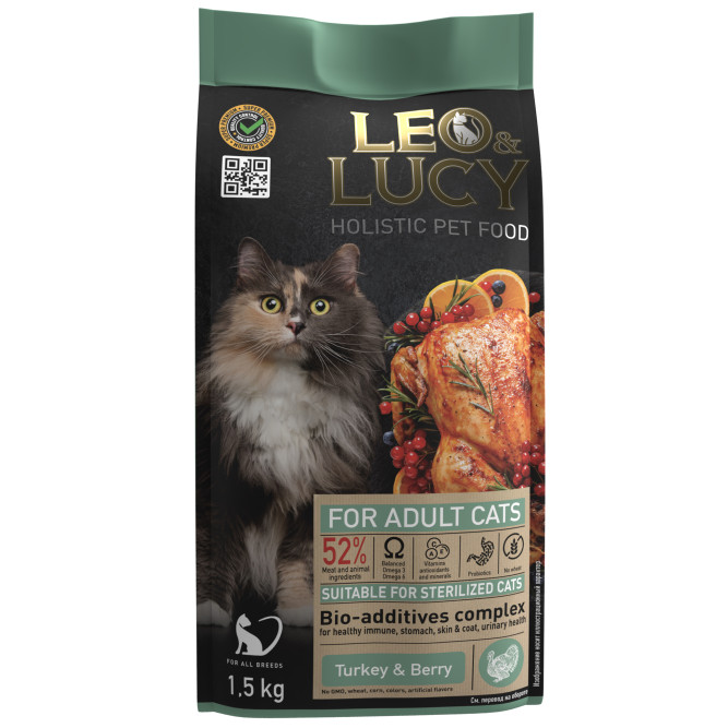 LEO&amp;LUCY cухой холистик корм для взрослых и пожилых стерилизованных кошек с индейкой и ягодами, 1,5 кг