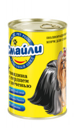 Смайли влажный корм для взрослых собак с говядиной, рубцом и печенью, в консервах - 340 г х 12 шт