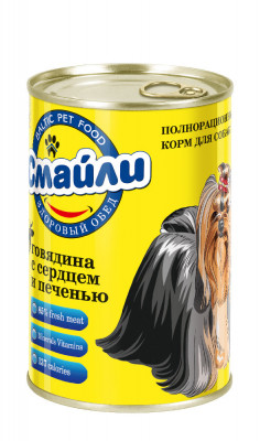 Смайли влажный корм для взрослых собак с говядиной, рубцом и печенью, в консервах - 340 г х 12 шт