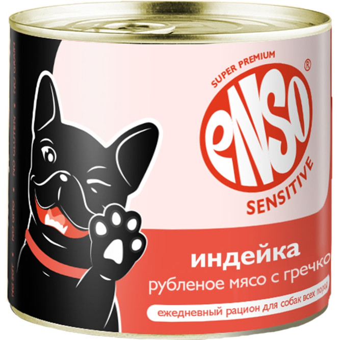 ENSO SENSITIVE влажный корм для взрослых собак всех пород с чувствительным пищеварением для поддержания здоровья суставов и связок, рубленое мясо индейки с гречкой, в консервах - 190 г х 12 шт