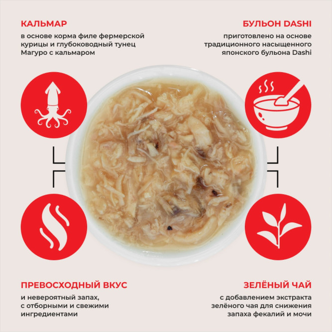 Inaba Ciao Toromi влажный дополнительный корм для взрослых кошек с куриным филе, тунцом Магуро и кальмаром в бульоне, в консервах - 80 г х 24 шт