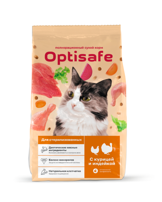 Optisafe сухой корм для взрослых стерилизованных кошек с курицей и индейкой - 10 кг