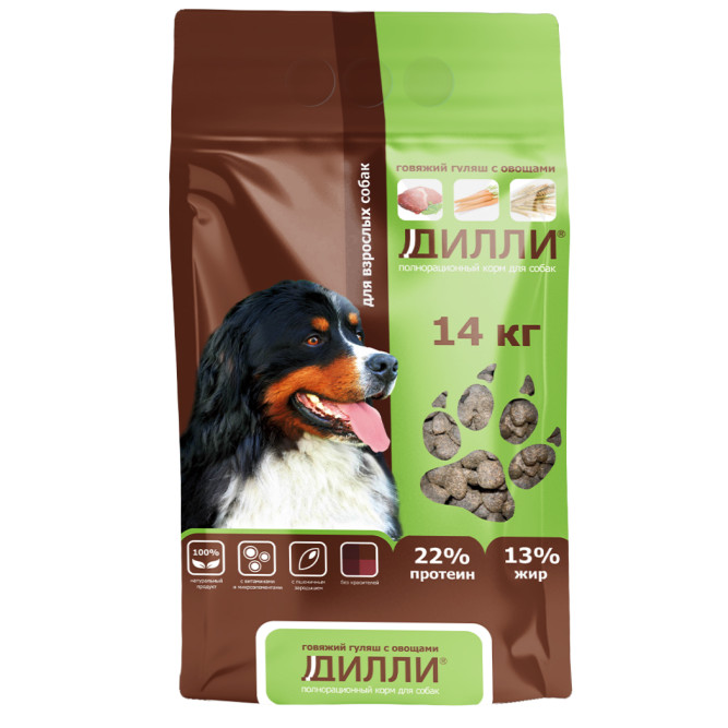 Дилли сухой корм для взрослых собак говяжий гуляш с овощами - 14 кг
