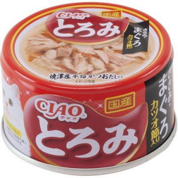 Inaba Ciao Toromi консервы для взрослых кошек с куриным филе, тунцом магуро и кацуобуси, в бульоне - 80 г х 24 шт