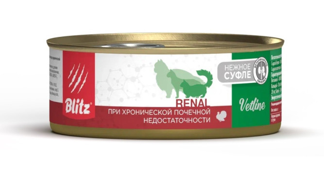 Blitz Vetline Renal влажный диетический корм для кошек при хронической почечной недостаточности, в консервах - 100 г х 16 шт