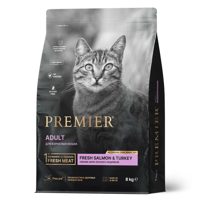 Premier Cat Adult Salmon&amp;Turkey сухой корм для взрослых кошек со свежим филе лосося и индейкой - 8 кг