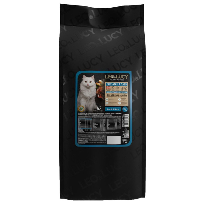 LEO&amp;LUCY сухой холистик корм для взрослых стерилизованных кошек с ягненком и уткой - 5 кг