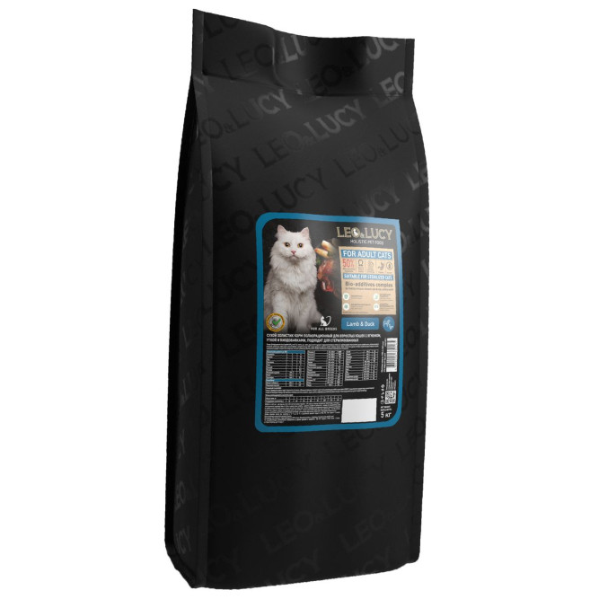 LEO&amp;LUCY сухой холистик корм для взрослых стерилизованных кошек с ягненком и уткой - 5 кг