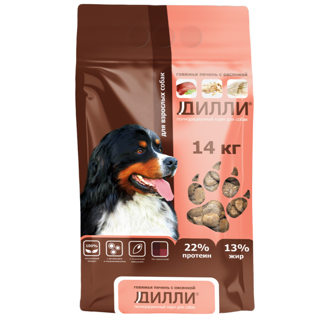 Дилли сухой корм для взрослых собак говяжья печень с овсянкой - 14 кг