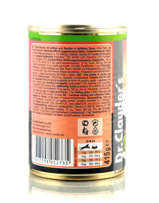 Dr.Clauder`s влажный корм для взрослых кошек с домашней птицей и морковью, в консервах - 415 г х 12 шт
