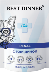 Best Dinner Exclusive Vet Profi Renal диетические паучи для взрослых кошек для профилактики заболеваний почек, с говядиной, кусочки в соусе - 85 г х 24 шт