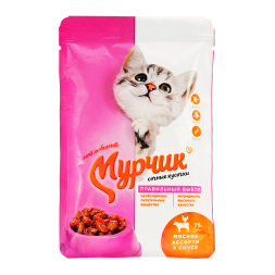 Мурчик влажный корм для взрослых кошек, мясное ассорти в соусе, в паучах - 75 г х 35 шт