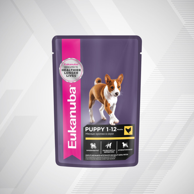 Eukanuba Puppy 1-12 влажный корм для щенков всех пород (от 1 до 12 месяцев) с курицей в соусе, в паучах - 85 г х 28 шт