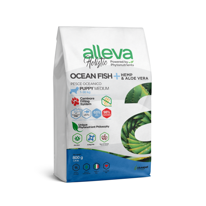 Alleva Holistic Puppy/Junior Ocean Fish Medium сухой корм для щенков средних пород с океанической рыбой, коноплей и алое вера 800 г