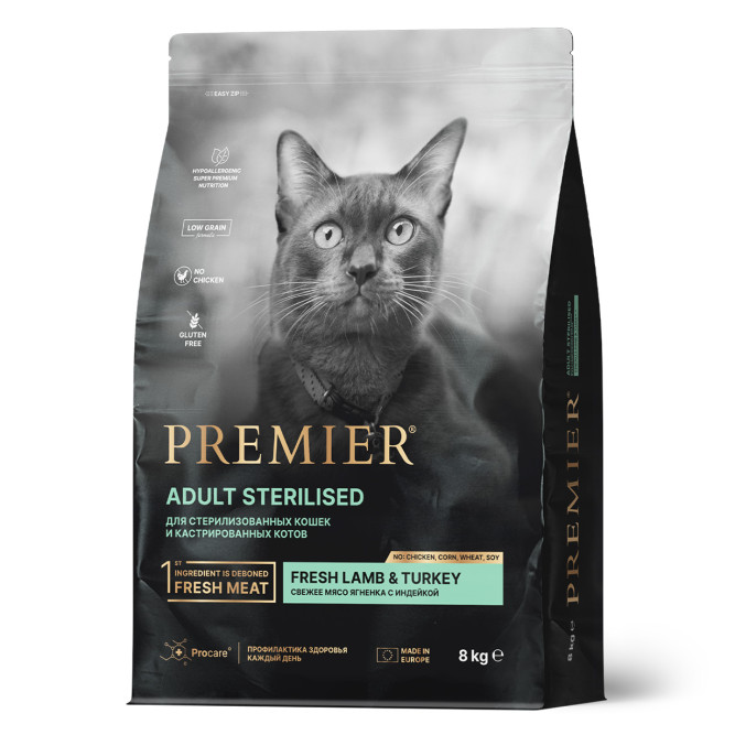 Premier Cat Sterilised Lamb&amp;Turkey сухой корм для взрослых стерилизованных кошек со свежим мясом ягненка и индейкой - 8 кг