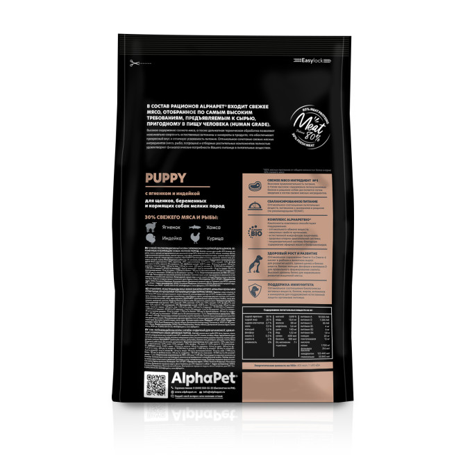 AlphaPet Superpremium сухой полнорационный корм для щенков, беременных и кормящих собак мелких пород с ягненком и индейкой - 500 г