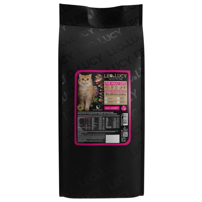 LEO&amp;LUCY сухой холистик корм для взрослых стерилизованных кошек мясное ассорти - 5 кг