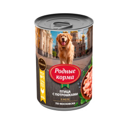 Родные Корма влажный корм для взрослых собак, птица с потрошками, в желе по-московски, в консервах - 410 г х 6 шт