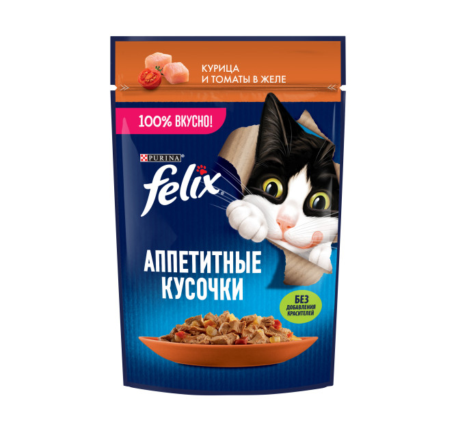 Felix Аппетитные кусочки влажный корм для взрослых кошек с курицей и томатами в желе, в паучах - 75 г х 26 шт