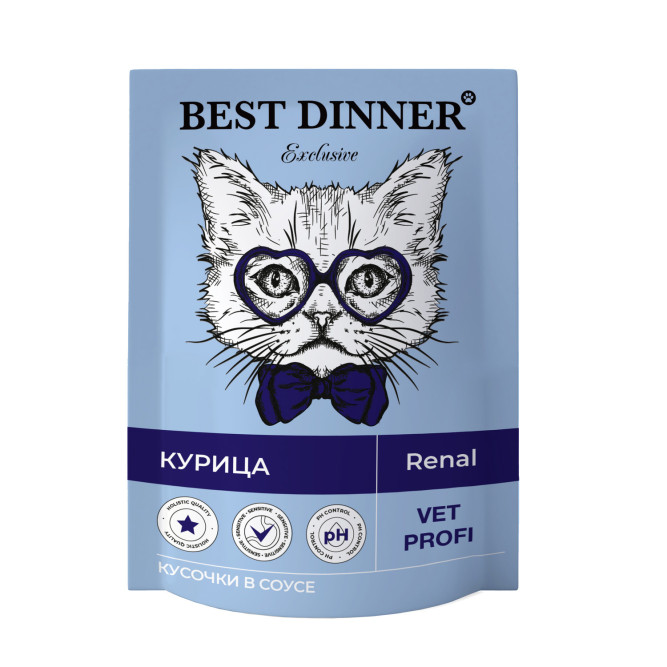 Best Dinner Exclusive Vet Profi Renal диетические паучи для взрослых кошек для профилактики заболеваний почек, с курицей, кусочки в соусе - 85 г х 24 шт