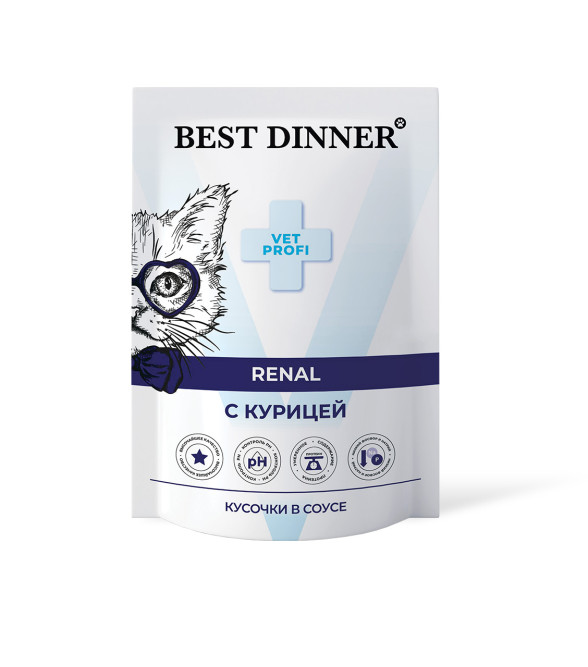 Best Dinner Exclusive Vet Profi Renal диетические паучи для взрослых кошек для профилактики заболеваний почек, с курицей, кусочки в соусе - 85 г х 24 шт