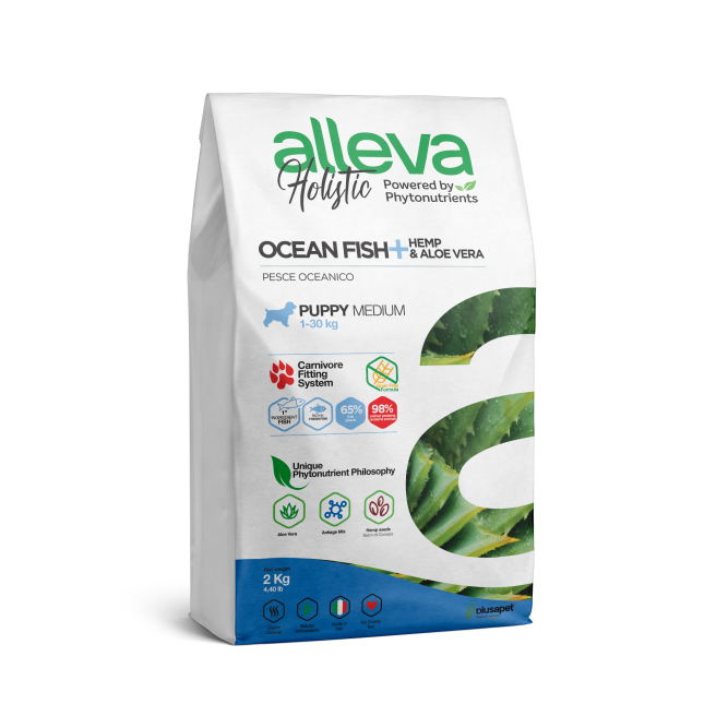 Alleva Holistic Puppy/Junior Ocean Fish Medium сухой корм для щенков средних пород с океанической рыбой, коноплей и алое вера 2 кг