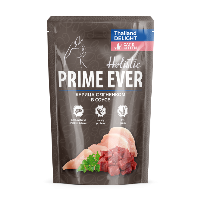 Prime Ever Holistic влажный корм для взрослых кошек с курицей и ягненком в соусе, в паучах - 85 г х 24 шт