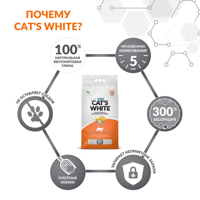Cat's White Orange наполнитель комкующийся для кошачьего туалета с ароматом апельсина - 5 л