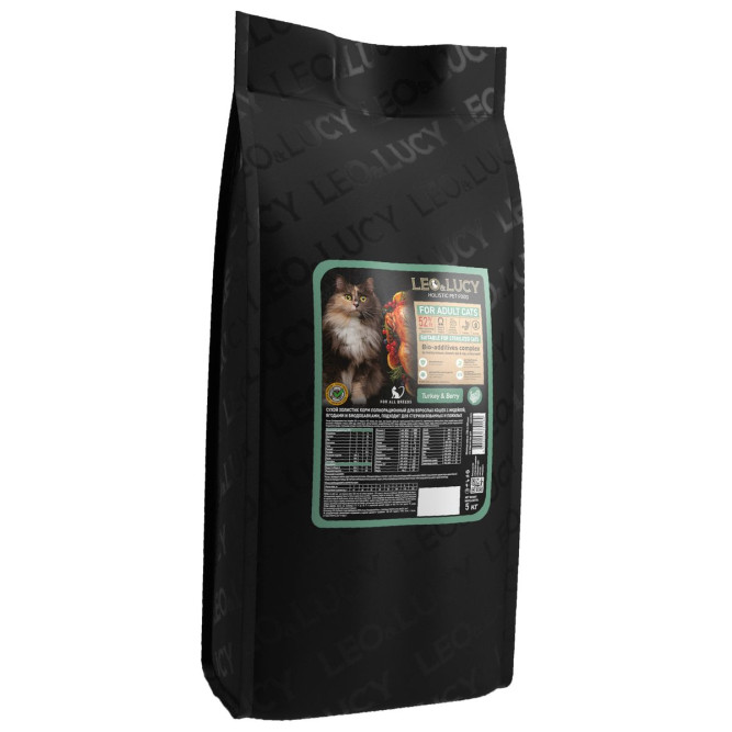 LEO&amp;LUCY сухой холистик корм для взрослых и пожилых стерилизованных кошек с индейкой и ягодами - 5 кг