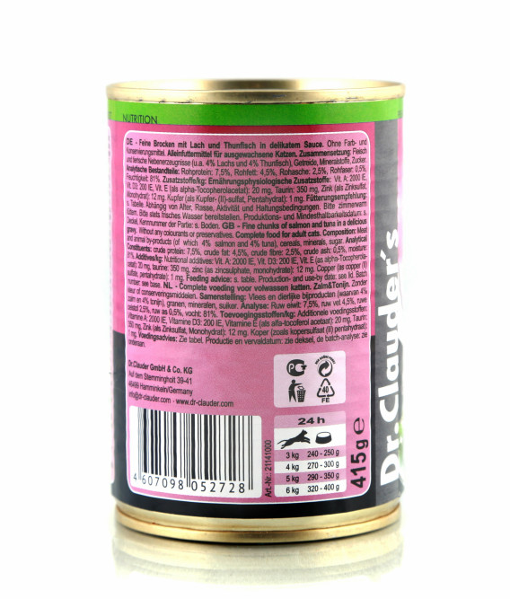 Dr.Clauder`s влажный корм для взрослых кошек с лососем и тунцом, в консервах - 415 г х 12 шт