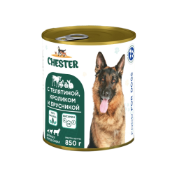Chester влажный корм для взрослых собак всех пород, с телятиной, кроликом и брусникой, в консервах - 850 г х 6 шт