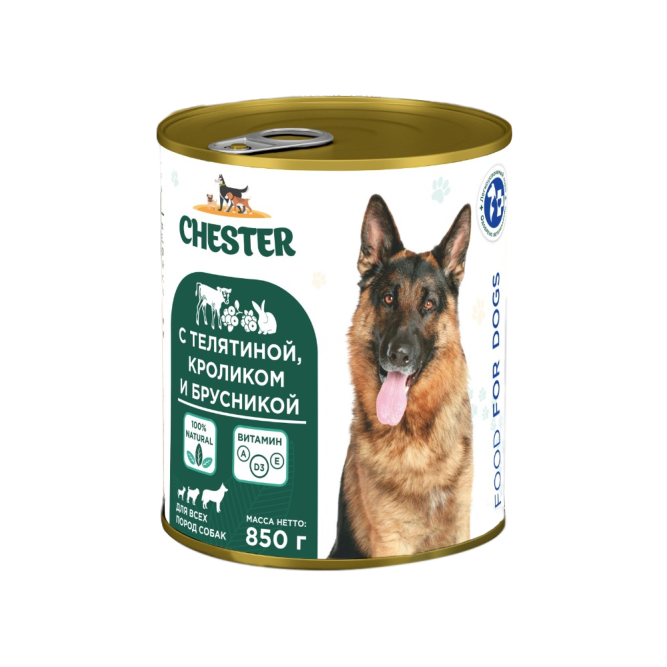 Chester влажный корм для взрослых собак всех пород, с телятиной, кроликом и брусникой, в консервах - 850 г х 6 шт