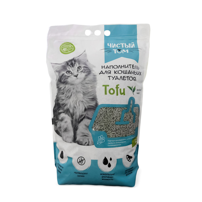 Чистый Том Tofu Green Tea комкующийся соевый наполнитель для кошачьего туалета, с ароматом зеленого чая - 15 л (6,5 кг)