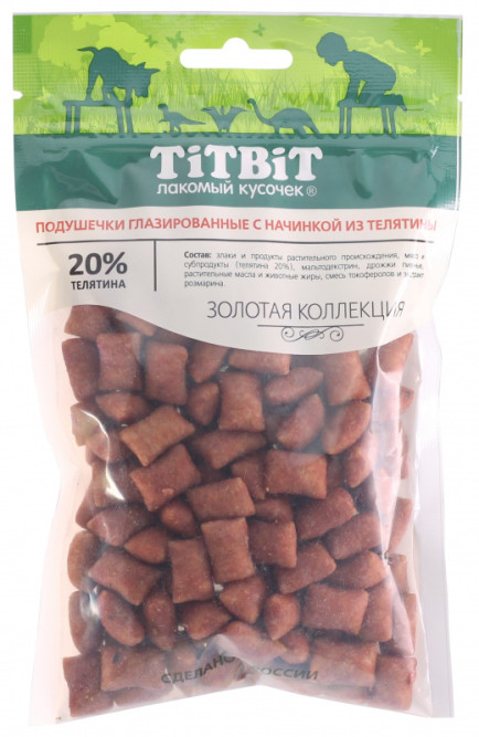 TiTBiT "Золотая коллекция" лакомство для собак подушечки глазированные с начинкой из телятины - 100 г
