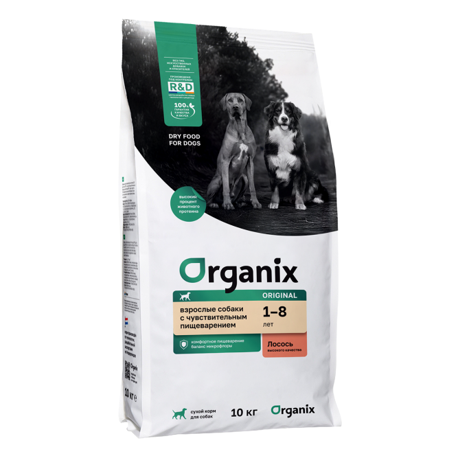 Organix Adult Sensitive Dog Salmon сухой корм для взрослых собак всех пород с чувствительным пищеварением с лососем, фруктами и овощами - 10 кг