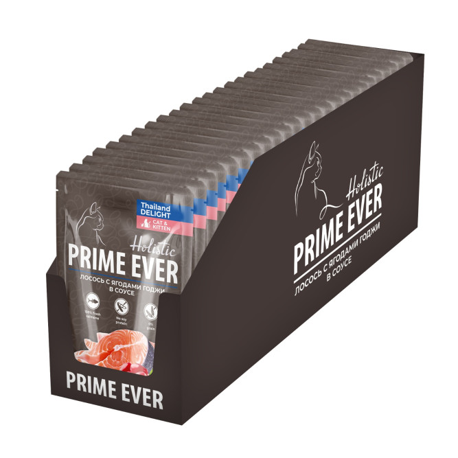 Prime Ever Holistic влажный корм для взрослых кошек с лососем и ягодами годжи в соусе, в паучах - 85 г х 24 шт