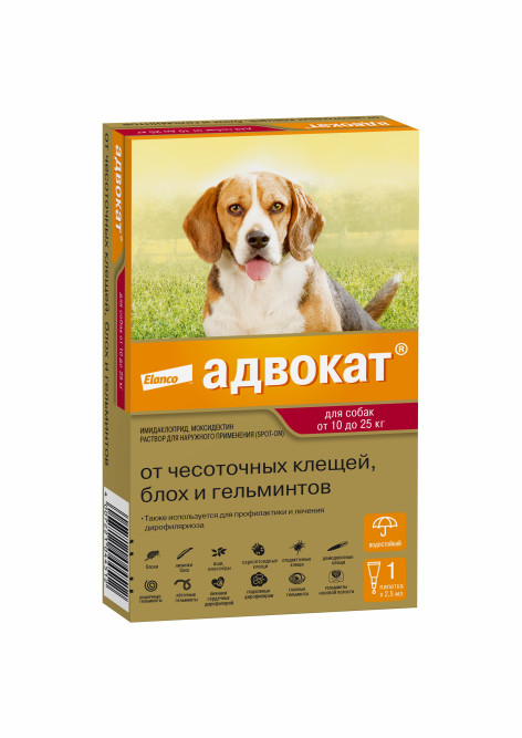 Адвокат капли от клещей, блох и гельминтов для собак весом от 10 до 25 кг - 1 пипетка